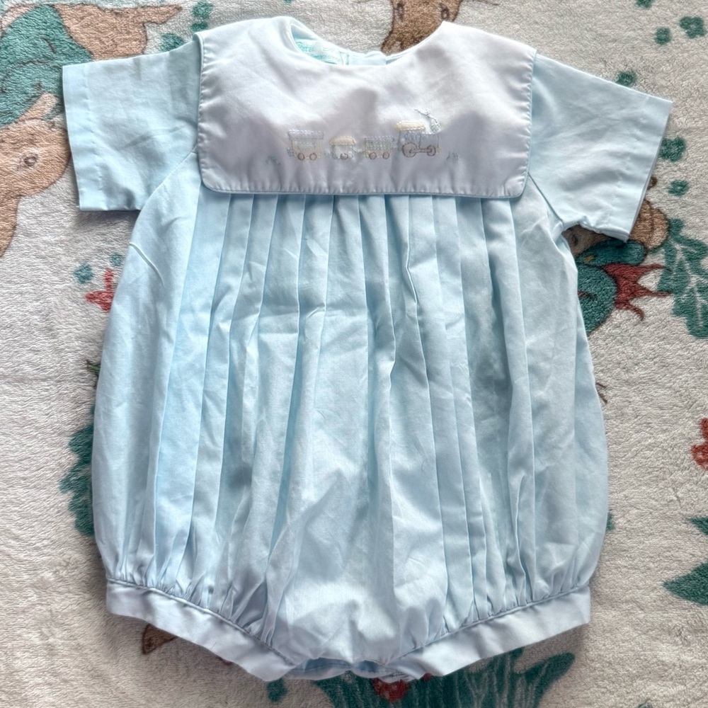Vintage Baby Boy One-piece Blue Train Embroidered Peter Pan Collar 0-3M Classic